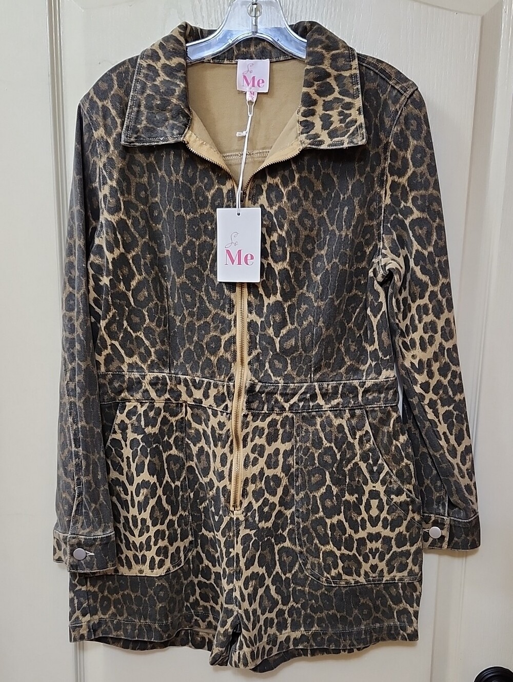 "So Me" Leopard Zip-Up Denim Romper
